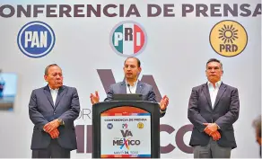  ?? A.Reforma ?? Los dirigentes Marko Cortés (PAN), Alejandro Moreno (PRI) y Jesús Zambrano (PRD) se reúnen por lo menos una vez a la semana para avanzar con la definición del mecanismo./Foto: