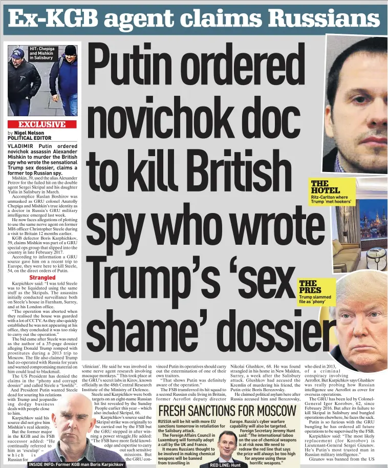  ??  ?? HIT: Chepiga and Mishkin in Salisbury INSIDE INFO: Former KGB man Boris Karpichkov RED LINE: Hunt THE HOTEL Ritz-carlton where Trump ‘met hookers’ THE PRES Trump slammed file as ‘phony’