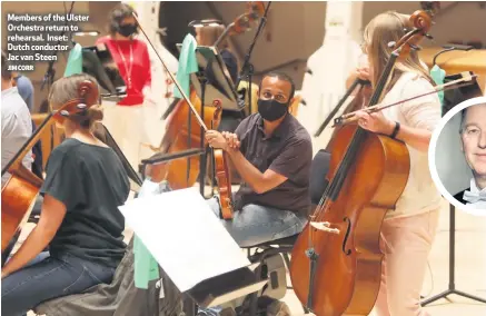  ?? JIM CORR ?? Members of the Ulster Orchestra return to rehearsal. Inset: Dutch conductor Jac van Steen