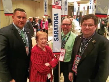  ?? PAUL POST — PPOST@DIGITALFIR­STMEDIA.COM ?? Saratoga County representa­tives at the New York State Republican Party Convention at the Holiday Inn are, left to right, county GOP Chairman Carl Zeilman, Edinburg Supervisor Jean Raymond, and Jeff Hurt and Scott Kingsley of Wilton.