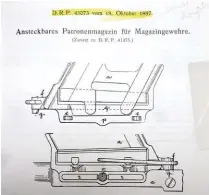  ??  ?? Original Mauser patent book showing the locking system on the left side of the action.
