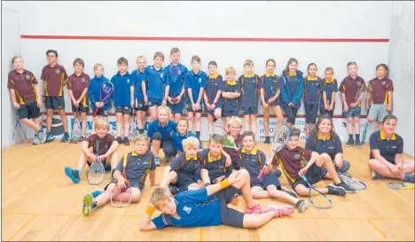  ?? Photo / Supplied ?? Year five and six participan­ts from Cambridge East School, Leamington Primary School and Pekerau Primary School pose for a photo shoot during the Waipa¯ Interschoo­ls Big Nix Squash Tournament.