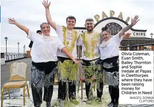  ?? IMAGES: DONNA CLIFFORD ?? Olivia Coleman, Euan Smith, Bailey Thornton and Sophie Iredale at Papas in Cleethorpe­s where they have been raising money for Children In Need