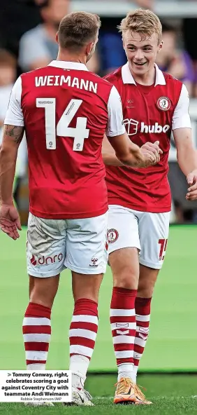  ?? Robbie Stephenson/JMP ?? Tommy Conway, right, celebrates scoring a goal against Coventry City with teammate Andi Weimann