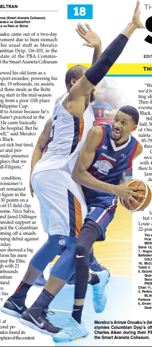  ?? JUN MENDOZA ?? Meralco’s Arinze Onuaku’s (left) imposing presence in the paint stymies Columbian Dyip’s offense, including that of a driving Charles Aiken during their PBA Commission­er’s Cup clash at the Smart Araneta Coliseum.