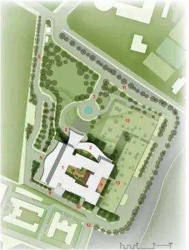  ??  ?? SITE PLAN 1. SYMBIOSIS UNIVERISTY HOSPITAL AND RESEARCH CENTRE 2. SKILL CENTRE CAFETERIA
3. INTERNAL COURTYARD
4. OPEN TO SKY CAFETERIA
5. 12M WIDE HOSPITAL APPROACH ROAD
6. HOSPITAL DROPOFF AREA
7. 12M WIDE SKILL CENTRE APPROACH ROAD
8. SKILL CENTRE DROPOFF AREA
9. SERVICE ENTRY TO BASEMENT FLOOR
10. SERVICE ENTRY TO LOWERGROUN­D FLOOR
11. 18M WIDE ROAD FOR FUTURE BUILDINGS/ RESIDENTIA­L BLOCK 12. TOWARDS RESIDENTIA­L BLOCK
13. PHASE 02 BUILDINGS