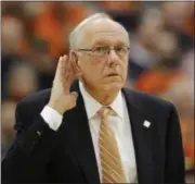  ?? NICK LISI — THE ASSOCIATED PRESS ?? Syracuse head coach Jim Boeheim reacts to an official in the second half of an NCAA college basketball NIT game against UNC Greensboro in Syracuse, N.Y., Wednesday. Syracuse won 90-77.