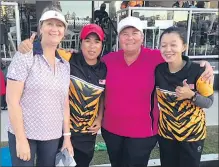  ??  ?? SUCCESS: Karen Brennan, in pink, and bowls partner Veronica Kelly from Echuca, left, with Malaysian champions and 2018 Commonweal­th games representa­tives at Broadbeach Bowls Club.