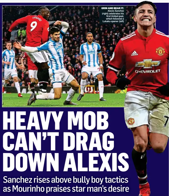  ??  ?? GRIN AND BEAR IT: Alexis Sanchez (right) celebrates his first United goal, which followed a Lukaku opener (left)