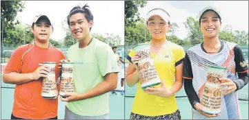  ??  ?? Boys doubles champion Yu Chieh Cheng and Yu Chen-Hua and girls doubles champion Park Sohyun and Mananchaya Sawangkaew pose with their trophies at the SLTA tennis court yesterday. — Photos by Chai Chang Yu