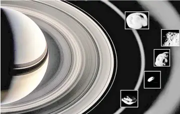  ?? — AFP ?? This Nasa image shows how during super-close flybys of Saturn’s rings, Nasa’s Cassini spacecraft inspected the mini-moons Pan and Daphnis in the A ring; Atlas at the edge of the A ring; Pandora at the edge of the F ring; and Epimetheus, which is bathed in material that fans out from the moon Enceladus, the mini-moons’ diameter ranges from 8 kilometers for Daphnis to 116 kilometres for Epimetheus, the rings and the moons depicted in this illustrati­on are not to scale.