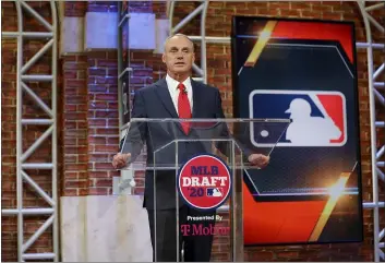  ?? ALEX TRAUTWIX — MLB PHOTOS VIA AP ?? MLB Commission­er Robert Manfred makes an opening statement during the baseball draX Wednesday in Secaucus, N.J.