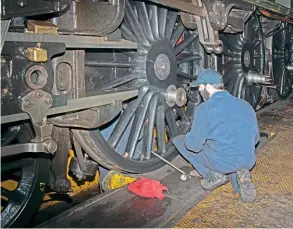  ??  ?? Right: The wheels of
No. 46100 Royal Scot are checked for alignment by Ian Walker on the wheeldrop inside Bridgnorth shed on October 24 last year.