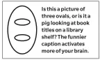  ??  ?? Is this a picture of three ovals, or is it a pig looking at book titles on a library shelf? The funnier caption activates more of your brain.