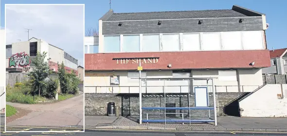  ??  ?? The former Jimmy Shand pub in Dickson Avenue, Menzieshil­l, not long after its closure and (inset) the building hit by graffiti.