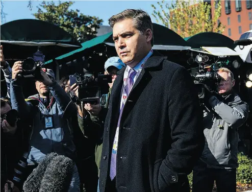  ?? CALLA KESSLER/WASHINGTON POST ?? CNN’s Jim Acosta speaks to the media in Washington, D.C., after his White House press pass was returned last week. Acosta was not the first to ask contentiou­s questions, but he was the first to be banned from the White House.