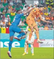  ?? AP ?? Cody Gakpo of the Netherland­s (R) scores against Senegal during their World Cup Group A match at the Al Thumama Stadium.