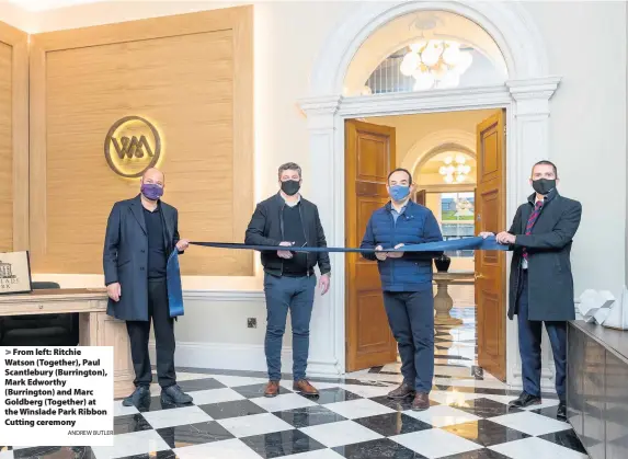  ?? ANDREW BUTLER ?? > From left: Ritchie Watson (Together), Paul Scantlebur­y (Burrington), Mark Edworthy (Burrington) and Marc Goldberg (Together) at the Winslade Park Ribbon Cutting ceremony