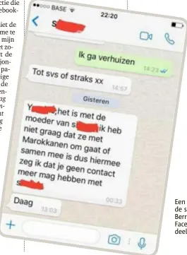  ?? FOTO RR ?? Een screenshot van de sms die Ines Berraies op haar Facebookpa­gina deelde.