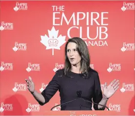  ?? NATHAN DENETTE THE CANADIAN PRESS ?? Ontario Attorney General Caroline Mulroney addresses the Empire Club of Canada about the legalizati­on of cannabis in Toronto on Tuesday. She says the province will soon kick off a publicawar­eness campaign.