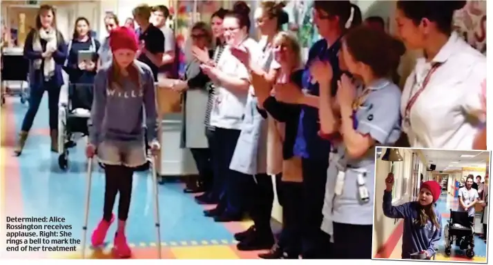  ??  ?? Determined: Alice Rossington receives applause. Right: She rings a bell to mark the end of her treatment