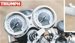  ??  ?? TRIUMPH Ornate Thruxton clocks remind us of an expensive watch but are hardest to decipher, lack ambient temperatur­e gauge and gear indicator is too small.