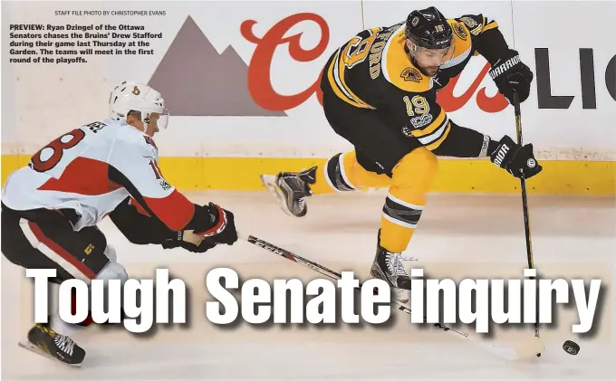  ?? STAFF FILE PHOTO BY CHRISTOPHE­R EVANS ?? PREVIEW: Ryan Dzingel of the Ottawa Senators chases the Bruins’ Drew Stafford during their game last Thursday at the Garden. The teams will meet in the first round of the playoffs.