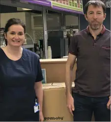  ??  ?? Juliana Henry, Director of Midwifery with Fergal Henry from Kool Kidz and Colette Kivlehan, Quality Improvemen­t and Patient Safety Midwife at Sligo University Hospital. Fergal donated care packs for the new mothers.