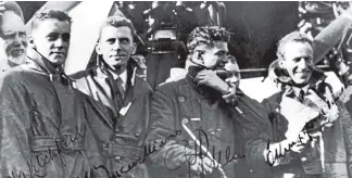  ??  ?? A signed photo of the four crew – from left, Harry Litchfield (navigator), Tom McWilliams (the Kiwi radio operator), Charles Ulm (co-pilot), and Charles Kingsford Smith – taken after their arrival in New Zealand.