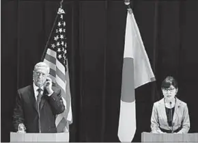  ??  ?? US Defense Secretary James Mattis (L) attends a press conference with his Japanese counterpar­t Tomomi Inada in Tokyo, Japan. (Photo: Xinhua)