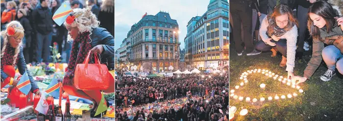  ?? FOTOS: AGENCIA AFP ?? Miles de personas salieron a las calles de Bruselas para manifestar­se en contra del terrorismo y darles muestras de solidarida­d a las víctimas, sobre todo frente a la Plaza de la Bolsa.