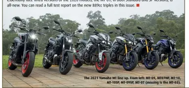  ??  ?? The 2021 Yamaha MT line up. From left: MT-09, MT07HP, MT-10, MT-10SP, MT- 09SP, MT- 07 (missing is the MT- 03).