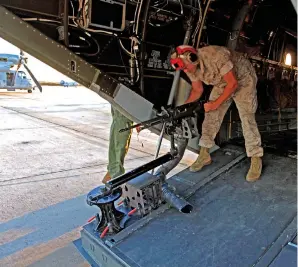  ??  ?? Below: The Osprey mission sets tend to avoid using weapons and rely more on speed and range. However, if there may be a need for suppressio­n fire, machine guns can be mounted on the cargo ramp; in this case a spindle-mounted 7.62mm M240 fits the need.