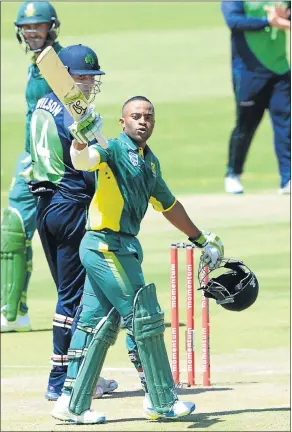  ?? Picture: LEE WARREN/GALLO IMAGES ?? LITTLE MAN, BIG RUNS: Temba Bavuma celebrates his century against Ireland on Sunday. It was the South African batsman’s one-day internatio­nal debut.