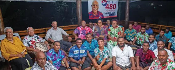  ?? Photo: Leon Lord ?? Members of Na Mataqali Valevavani...Seated on chairs from left: Elenoa Lesuma, Turaga Na Mataqali Valevavani - Manasa Lesuma, Waisele Tikowale, Prime Minister Sitiveni Rabuka, wife, Sulueti and Peniana Delai after their afternoon Christmas church service at Nadera on December 25, 2022.