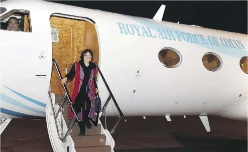  ?? OMAN NEWS AGENCY ?? Retired Iranian- Canadian professor Homa Hoodfar arrived Monday in Oman after being released by Iranian authoritie­s. She was flown out after months of detention alongside other dual nationals swept up by security services.