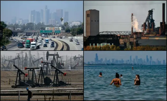  ?? Zbigniew Bzdak/Chicago Tribune/Getty ?? Los Angeles, California; Gary, Indiana; Bakersfiel­d, California, and Chicago, Illinois, are among the top five hotspots for fine particle air pollution in America. Photograph: Frederic J. Brown, Mira Oberman/AFP/Getty; Jae C. Hong/AP;