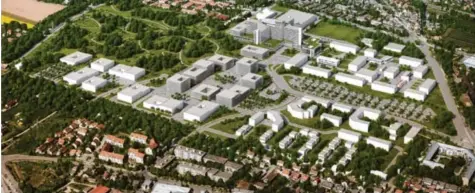  ?? Foto: Nickl & Partner Architekte­n, Ulf Gnauert-Jende ?? So könnte der neue Medizin-Campus der Uniklinik künftig aussehen. Im Süden grenzt das Virchow-Viertel von Stadtberge­n an, im Westen der Neusässer Stadtteil Steppach. Wie man sieht, bleibt der Klinikpark als Grünzone erhalten.