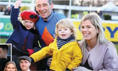  ??  ?? Jockey Davy Russell with his wife Edelle and children Lily (3) and Finn (2) after winning the Grade 1 Ryanair Hurdle on Mick Jazz. Left, Leah Ferguson and Kevin Jones. Far left, bookmaker Marcella McCoy. Photos: Gerry Mooney