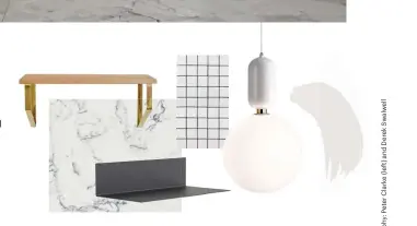  ??  ?? FROM LEFT Hikurangi shelf, from $349, icotraders.co.nz. White Attica stone, POA, caesarston­e.co.nz. Unu shelf by Bønnelycke, $620, katalog.co.nz. White Gloss tiles, $9.50/sheet, tilespace.co.nz. Aballs pendant light 40cm by Jaime Hayon for Parachilna, $2070, ecc.co.nz. Resene Sea Fog paint, resene.co.nz.