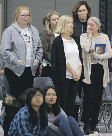  ?? GREG SOUTHAM ?? Mioara Whytock holds a picture Tuesday of her 18-year-old son Calum Whytock, who died April 28 from carfentani­l poisoning. Whytock took part in a presentati­on on the dangers of fentanyl presented to 670 students at Mother Margaret Mary High School,...