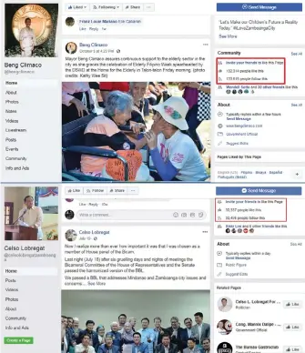  ??  ?? Screen shots of Facebook pages of Zamboanga City Mayor Beng Climaco and Rep. Celso Lobregat.