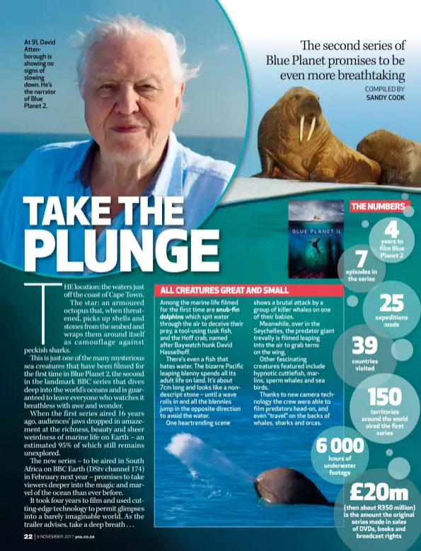  ??  ?? At 91, David Attenborou­gh is showing no signs of slowing down. He’s the narrator of Blue Planet 2.