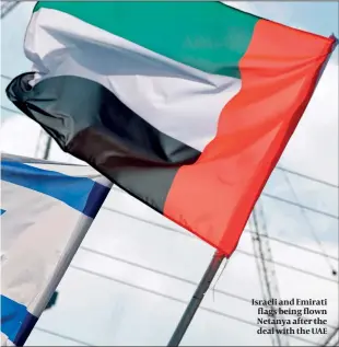  ??  ?? Israeli and Emirati flags being flown Netanya after the deal with the UAE