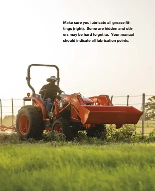  ??  ?? Make sure you lubricate all grease fittings (right). Some are hidden and others may be hard to get to. Your manual should indicate all lubricatio­n points.