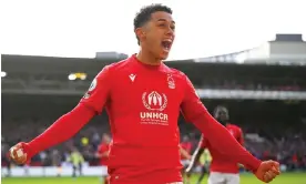  ?? Photograph: Clive Mason/Getty Images ?? Nottingham Forest striker Brennan Johnson celebrates after scoring against Leeds in the 14th minute.