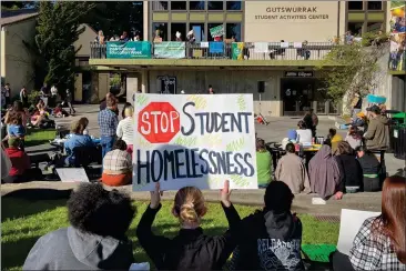  ?? PHOTOS BY ODEN TAYLOR FOR CALMATTERS ?? Hundreds of Cal Poly Humboldt students and campus community members protest a housing policy change that left continuing students unsure where they would live next semester, at the campus quad on Feb. 8.