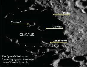  ??  ?? The Eyes of Clavius are formed by light on the crater rims of Clavius C and D