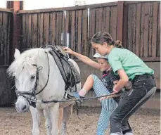  ?? FOTO: KIENZLER ?? Beim Ferienprog­ramm des Reitverein­s Allisreute zeigen erfahrene Kinder den Jüngeren den richtigen Umgang mit Pferden.