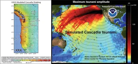  ?? CONTRIBUTE­D ?? The collage of images shows the USGS modeled shaking (left) and NOAA modeled tsunami for a M~9on the Cascadia subduction zone.